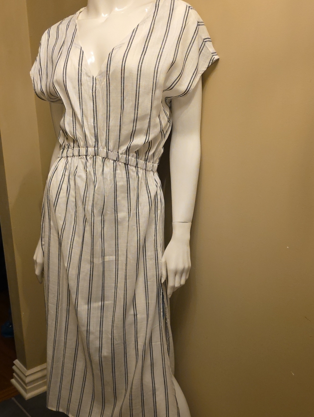 Striped V-Neck Linen Elastic Waist Midi Dress - White & Navy
